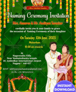 Green Leaves theme Naming Ceremony Invitation with couple caricature