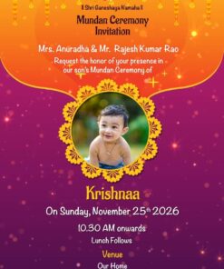 Purple and Orange Mundan Ceremony Invitation With Photo