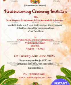 Pink Housewarming Invitation Card with Holy Kalash and banana leaves