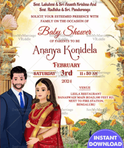 Red and Gold Couple Caricature Baby Shower Invitation