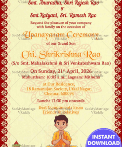 Cream and Red Traditional Upanayanam Ceremony Invitation with Vedic Boy Cartoon