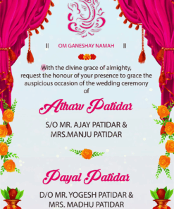 Vibrant Pink Wedding Invitation with delicate pink curtains and orange roses
