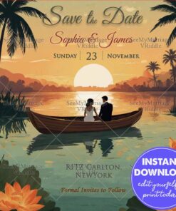 Sunset Serenade, Save the Date Wedding Invitation with Lake Background