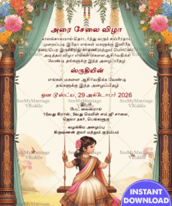 Tamil Traditional Flower Theme Half Saree Invitation Card with a Cute Girl