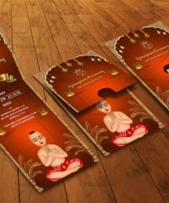 Two-fold Upanayanam Ceremony Invitation Card with Vedic Boy and Golden Pillars in Red Background