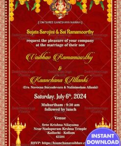 Vibrant Red Theme Wedding Invitation Card With Hanging Marigold And Diya