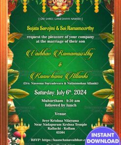Vibrant Wedding Invitation Card With Hanging Marigold And Diya In Green Background