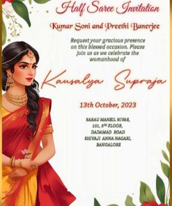 Celebrate Tradition: Half Saree Invitation adorned with Festive Floral Illustration, Vibrant Colors, and Cultural Elegance.