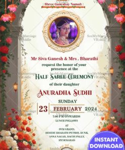 A Joyous Milestone Half Saree Ceremony Invitation with Floral Theme and Add Photo Background