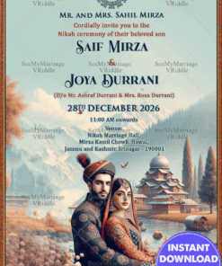 Beautiful Kashmiri Wedding Invitation with Traditional Attire and Scenic Backdrop