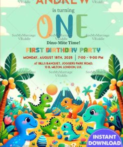 Celebration First Birthday Party Invitation with Cute Dinosaurs and Fun Theme Background