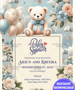 Charming Baby Shower Invitation with Teddy Bear and Balloons Themed Background