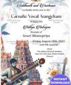 Classical Carnatic Vocal Arangetram Invitation with Temple Architecture Background