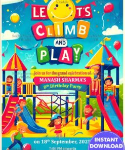 Climb & Play Birthday Blast Invitation with Sky-Blue Theme Background