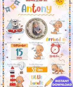 Cute Cartoon Theme Baby Announcement Invitation with Add Photo Background