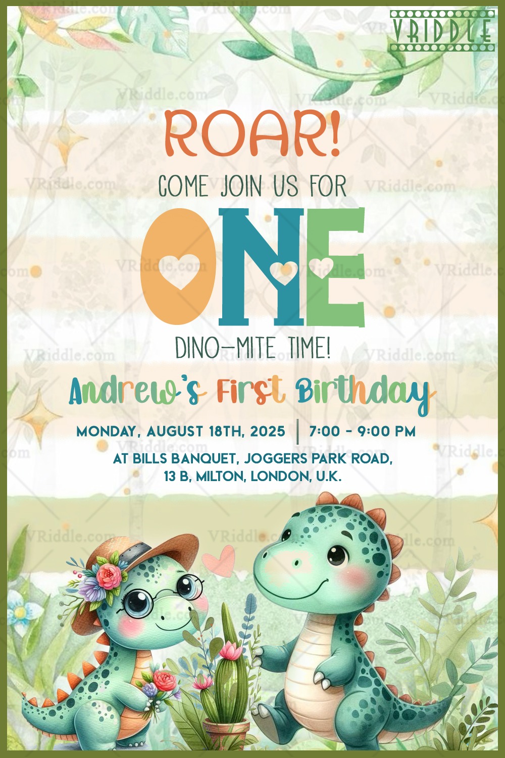 Colorful First Birthday Party Invitation with Playful Dinosaurs Theme Background - Image 2