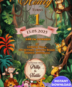 Join Us for a Jungle-Themed First Birthday Celebration with Cartoon Animals and Fun