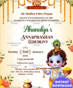 Little Krishna Theme Annaprashan Ceremony Invitation Card In Cream Color Background