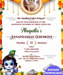 Little Krishna Theme Annaprashan Ceremony Invitation Card with Photo Frame in Cream Color Background