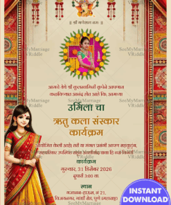 Marathi Half Saree Ceremony Invitation with Floral Frame Theme and Add Photo Background