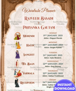 Opulent Rajasthani Wedding Wardrobe Invitation with Golden Arch Background