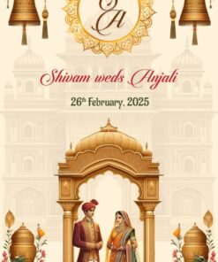 Regal Rajasthani Wedding Invitation with exquisite traditional attire and palace architecture - Haldi, Wedding and Reception events included