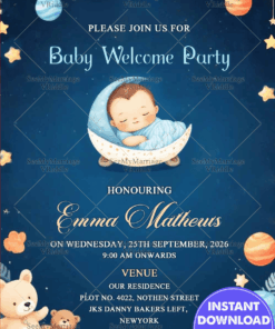 Serene Sky Baby Welcome Party Invitation with Teddy Bears Theme Background