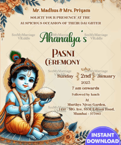 Traditional Hindu Pasni Ceremony Invitation with Little Krishna Theme and Floral Patterns background