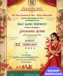 Traditional and Festive Half Saree Ceremony Invitation with Floral Theme Background