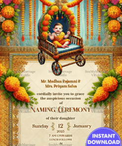 Traditional and Festive Naming Ceremony Invitation with Marigold Garlands Theme and Ornate Cradle Design Background