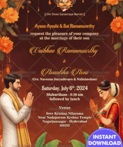 Auspicious Telugu Wedding Invitation with Golden Fonts Theme and Floral Motifs Background