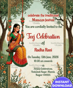 Beautiful Teej Celebration Invitation Card with Nature Theme and Floral Swing Background