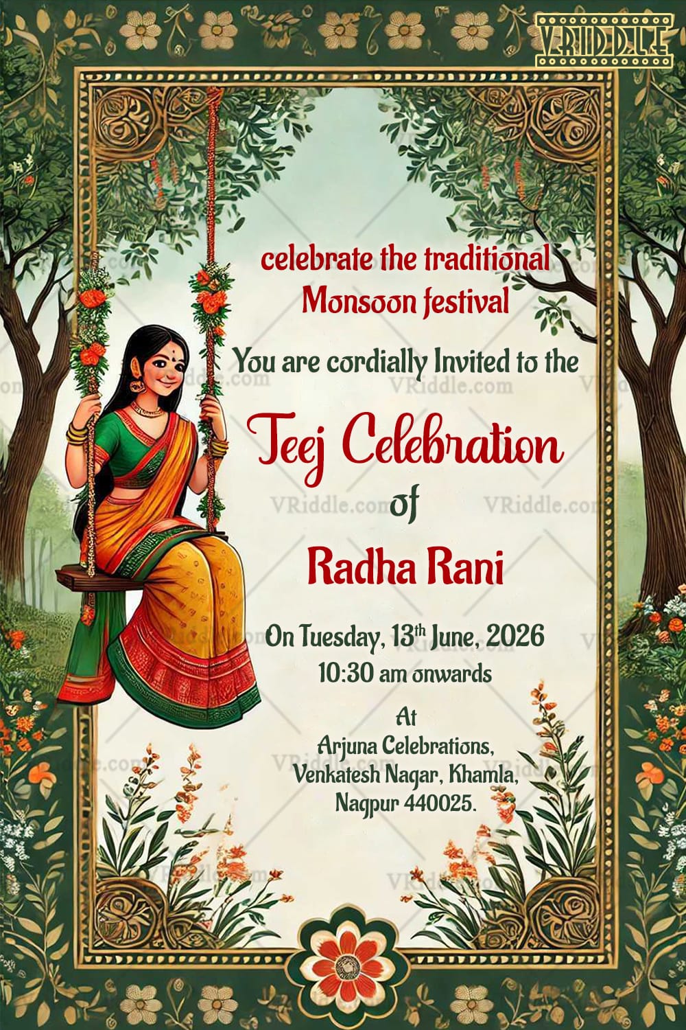 Beautiful Teej Celebration Invitation Card with Nature Theme and Floral Swing Background - Image 2