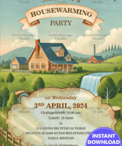 Charming Countryside Housewarming Party Invitation with Lush Greenery Theme and Wooden House Background