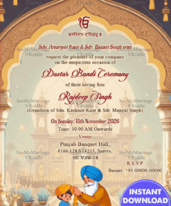 Cultural Dastar Bandi Ceremony Invitation with Golden Arch Theme Background
