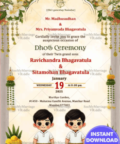 Cute Twin Boys Traditional Dhoti Ceremony Invitation with Floral Theme Background