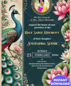 Peacock Theme Half Saree Ceremony Invitation with Lotus Motif and Add Photo Background