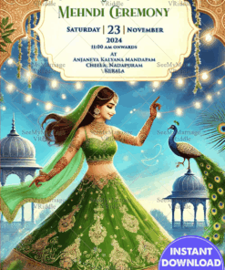 Peacock Theme Mehendi Ceremony Invitation with Dancing Bride illustration and Blue Color Background