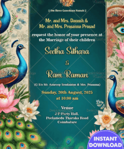 Peacocks Splendor Wedding Invitation with Blue Theme Background