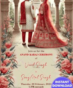 Punjabi Anand Karaj Wedding Ceremony Invitation with Floral Theme and Cream Color Background