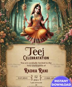 Radha Theme Teej Celebration Invitation with Floral Swing Decor and Serene Background