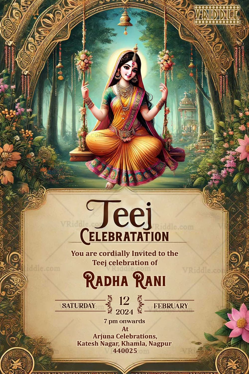 Radha Theme Teej Celebration Invitation with Floral Swing Decor and Serene Background - Image 2