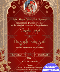 Red Theme Rajasthani Wedding Invitation with Golden Arch Background