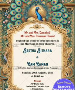 Royal Peacock Themed Wedding Invitation Card with Golden Patterns Background