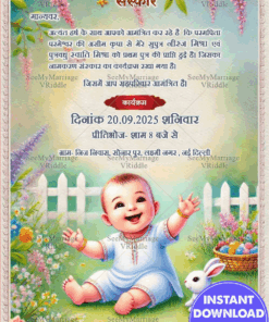 Smiling Baby Naming Ceremony Invitation with Garden Theme and Rabbit