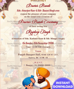 Traditional Dastar Bandi Ceremony Invitation with Cartoon Illustration and white Theme Background