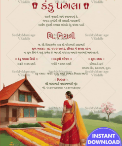 Traditional Gujarati Kanku Pagla Ceremony Invitation with Beautiful Bride and Flower Lined Pathway Background