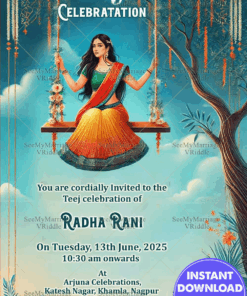 Traditional Hariyali Teej Invitation card with Floral Swing Theme and Blue Color Background