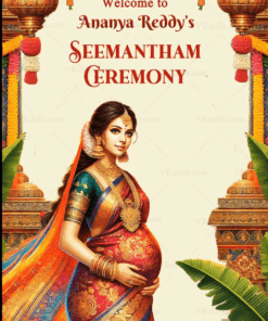 Traditional Telugu Seemantham Invitation Video with Ornate Golden Accents and Marigold Decor Background