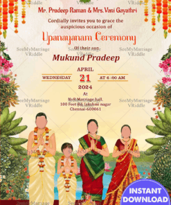 Traditional  Upanayanam Ceremony Invitation with Cute Family Caricature Background